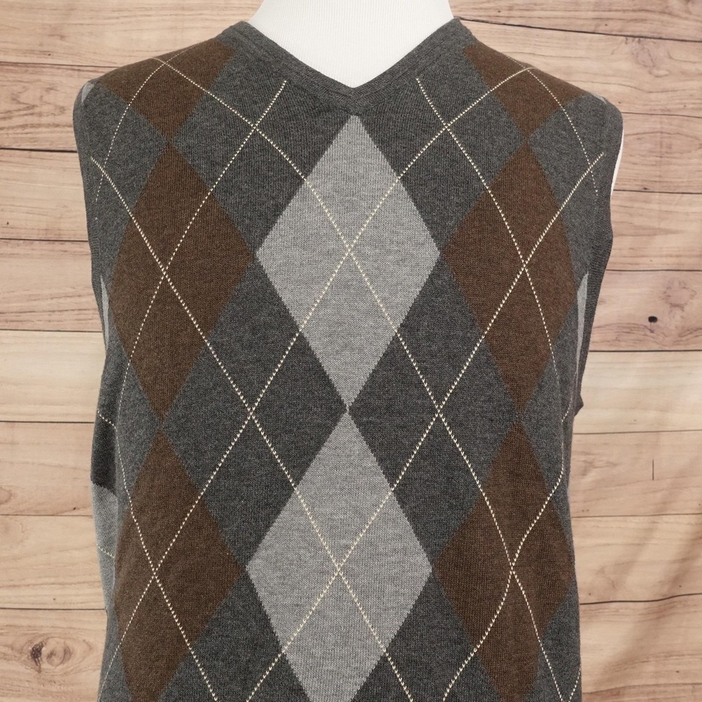 Stafford Signature Sweater Vest Mens L Gray V Neck Argyle 100% Pima Cotton Knit